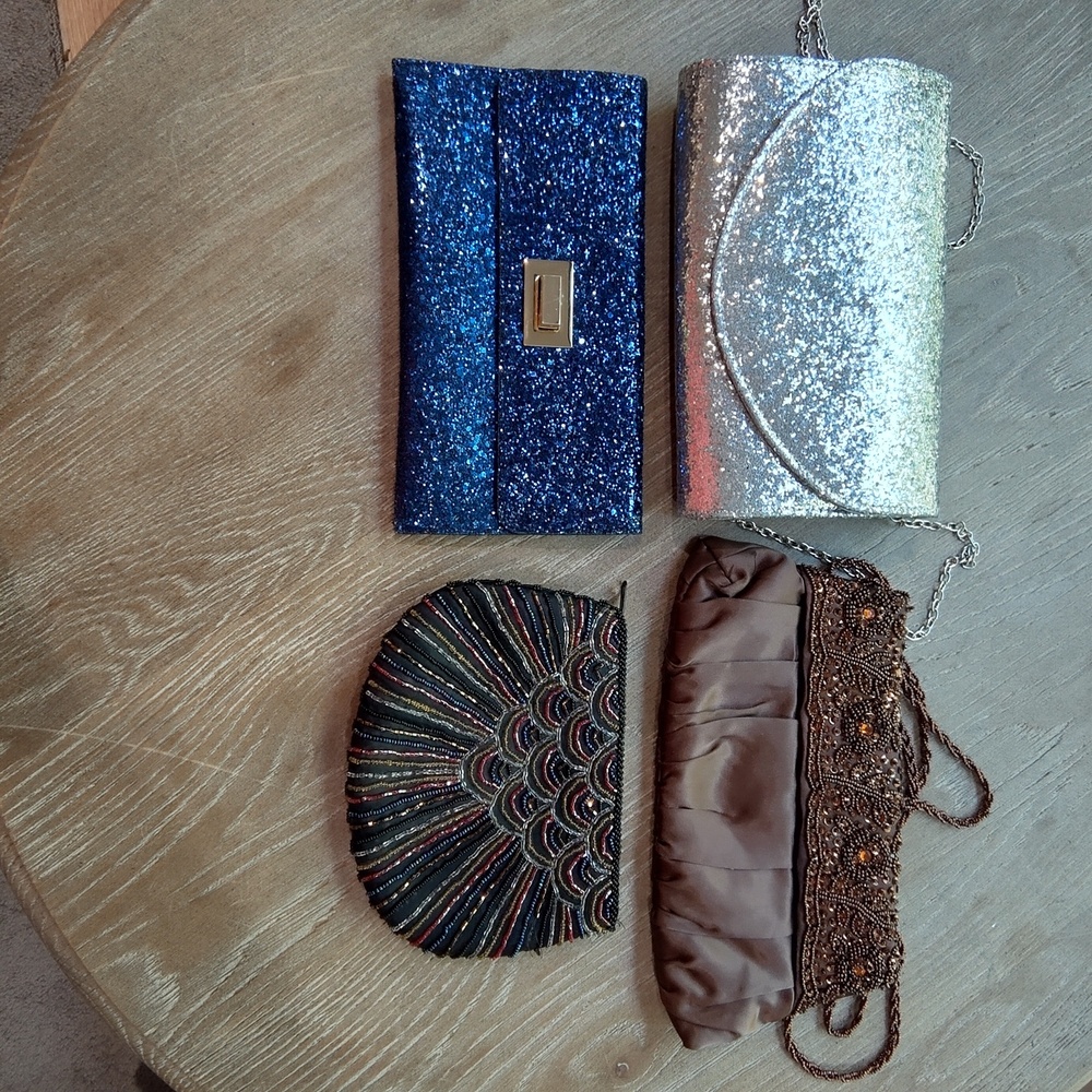 Collection lot bundle: 4 glitter beaded evening  bags, silver blue brown black